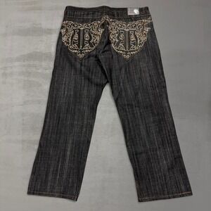 Y2K Crazy Red Ape Jeans Dark Wash Embroidered Affliction Baggy Wide Leg 44 x 33